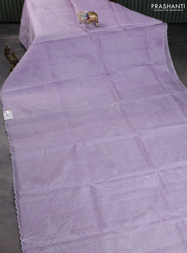 Pure organza silk saree lavender with allover embroidery and scallop border