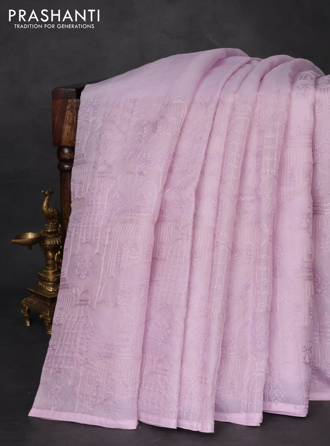 Pure organza silk saree mild lavender with allover embroidery in borderless style