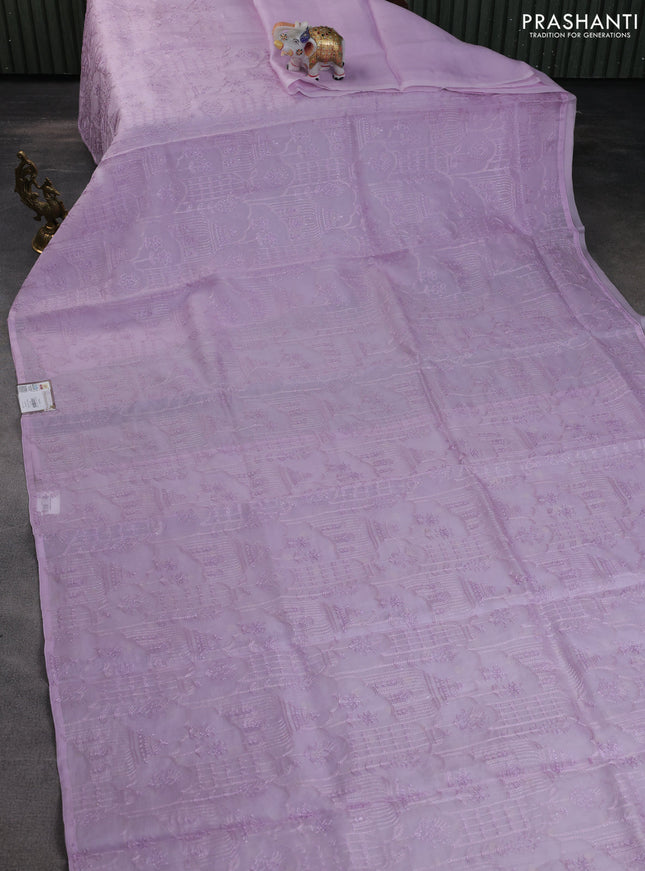 Pure organza silk saree mild lavender with allover embroidery in borderless style
