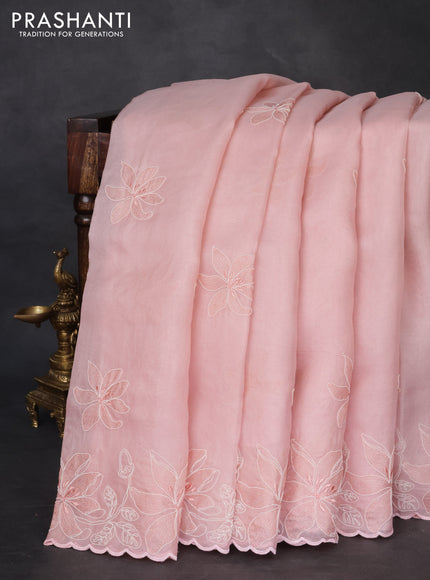 Pure organza silk saree peach pink with floral embroidery and scallop border