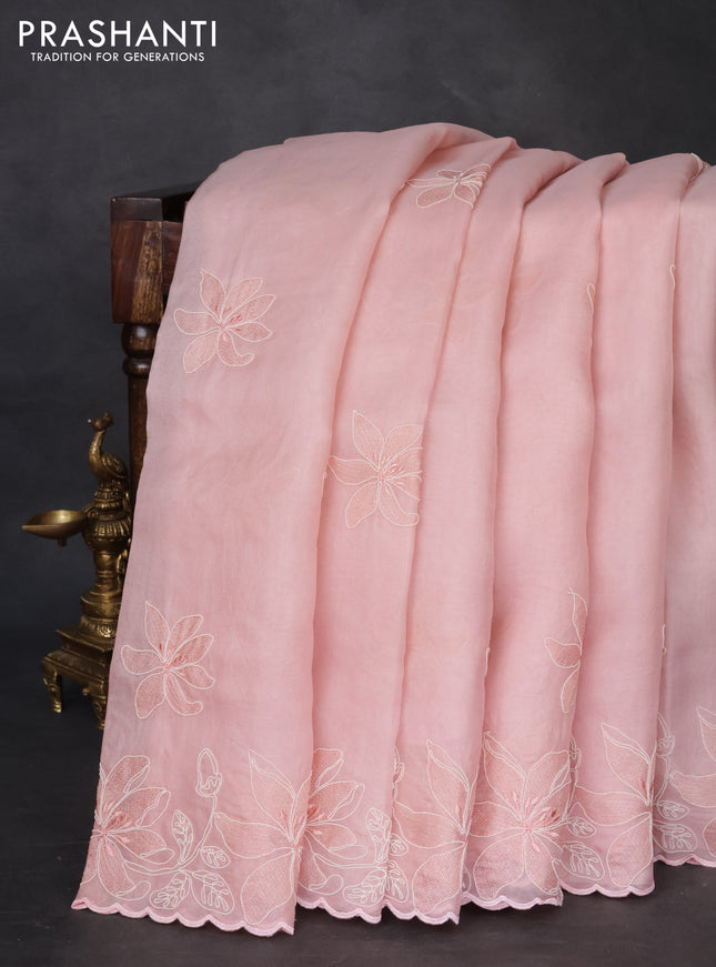 Pure organza silk saree peach pink with floral embroidery and scallop border