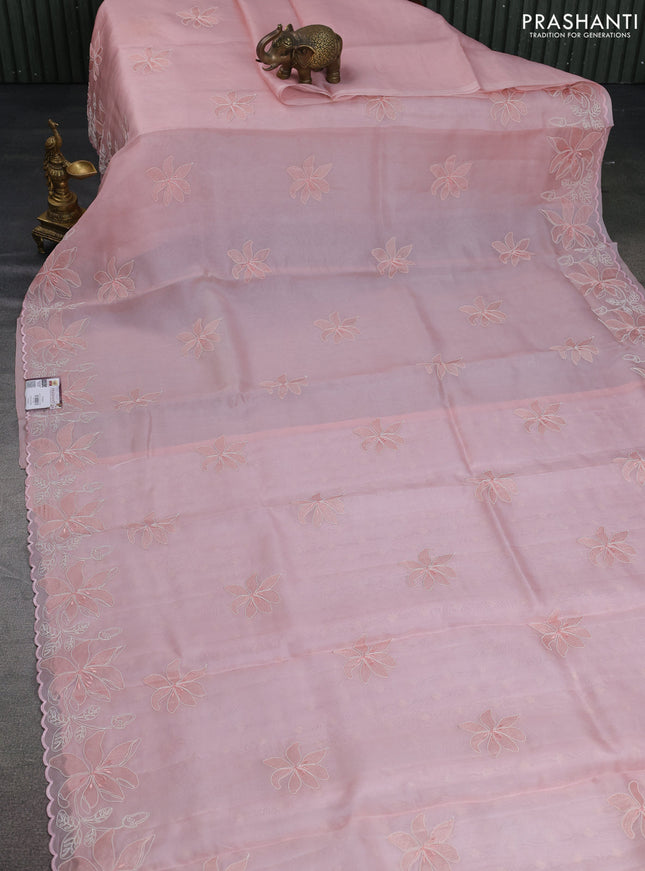 Pure organza silk saree peach pink with floral embroidery and scallop border
