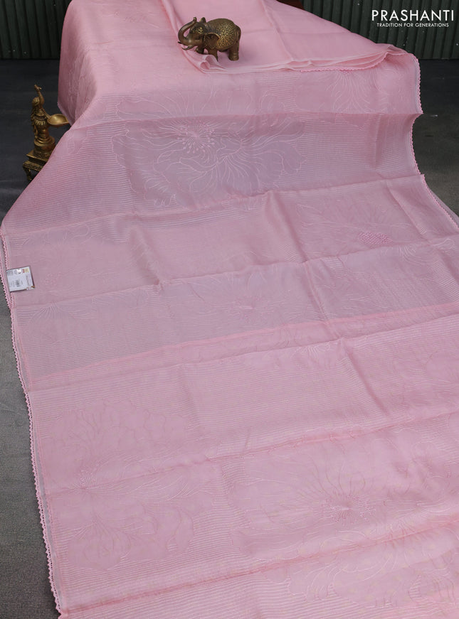 Pure organza silk saree pastel pink with allover embroidery and lace work border