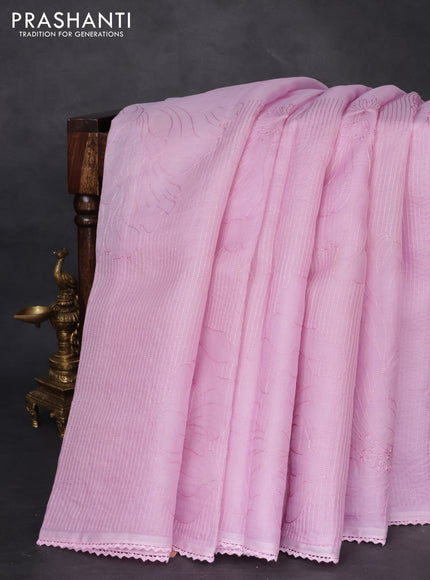 Pure organza silk saree lotus pink with allover embroidery and lace work border