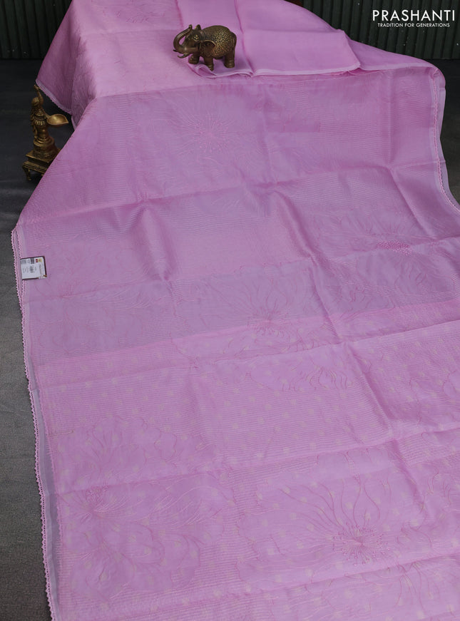 Pure organza silk saree lotus pink with allover embroidery and lace work border