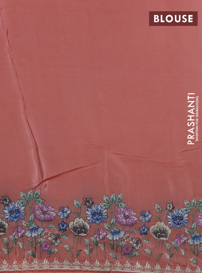 Pure organza silk saree peach orange with allover embroidery buttas and floral embroidery border