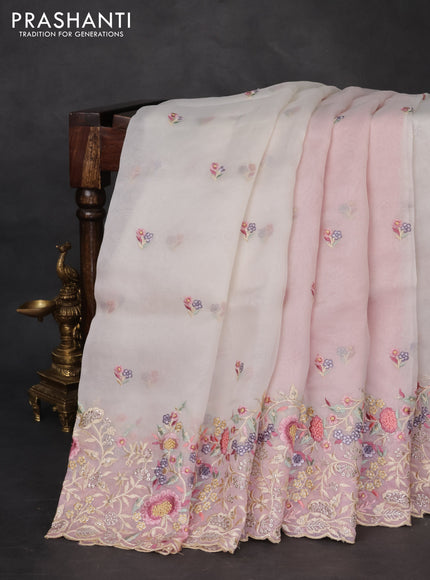 Pure organza silk saree off white and pastel pink with floral embroidery buttas and floral embroidery border
