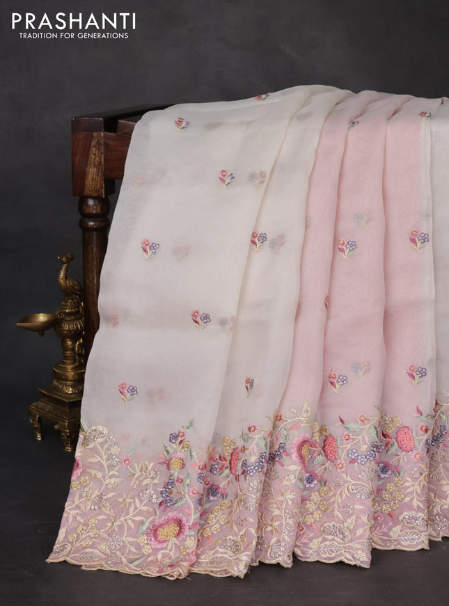 Pure organza silk saree off white and pastel pink with floral embroidery buttas and floral embroidery border