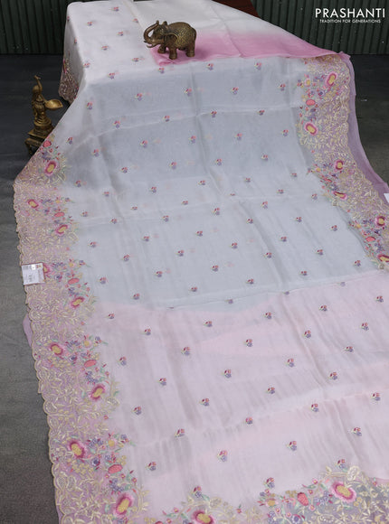 Pure organza silk saree off white and pastel pink with floral embroidery buttas and floral embroidery border