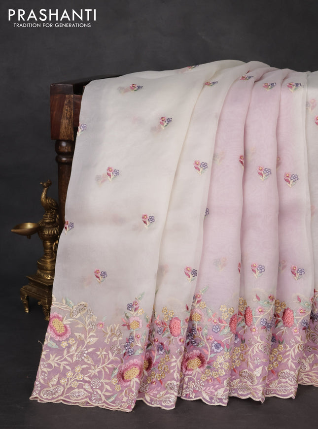 Pure organza silk saree off white and lavender with floral embroidery buttas and floral embroidery border