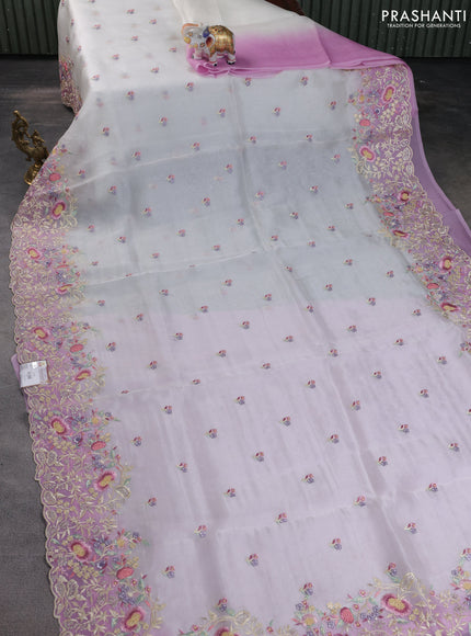 Pure organza silk saree off white and lavender with floral embroidery buttas and floral embroidery border
