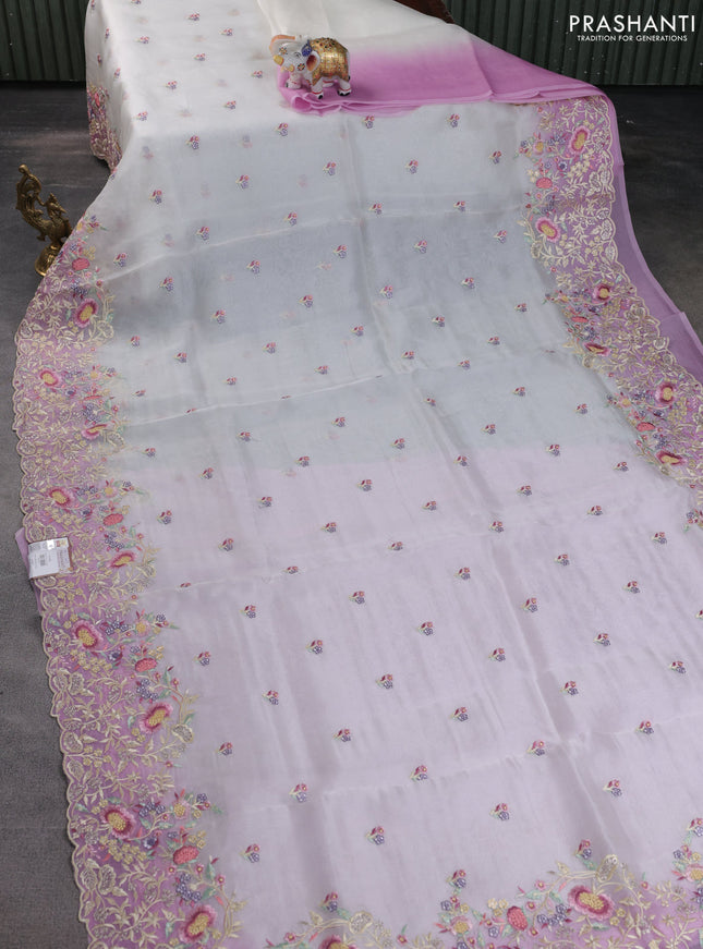 Pure organza silk saree off white and lavender with floral embroidery buttas and floral embroidery border