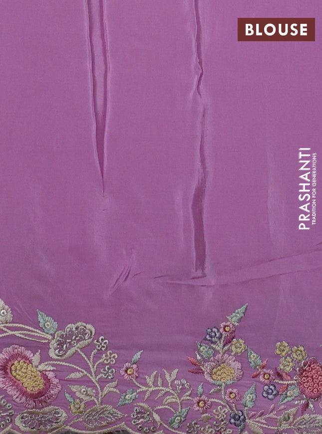 Pure organza silk saree off white and lavender with floral embroidery buttas and floral embroidery border
