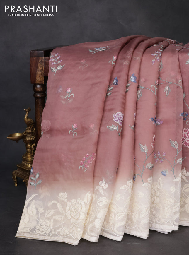 Pure organza silk saree brown shade and cream with allover floral embroidery