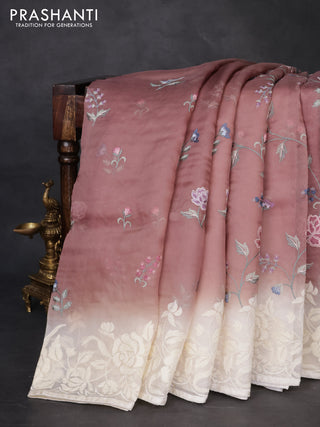 Pure organza silk saree brown shade and cream with allover floral embroidery