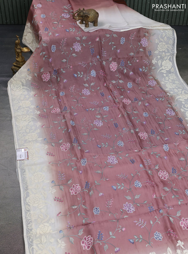 Pure organza silk saree brown shade and cream with allover floral embroidery