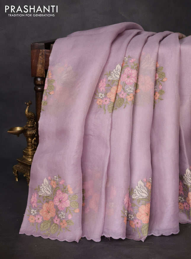 Pure organza silk saree lavender with floral embroidery buttas and scallop border