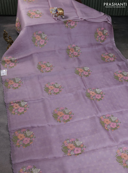Pure organza silk saree lavender with floral embroidery buttas and scallop border