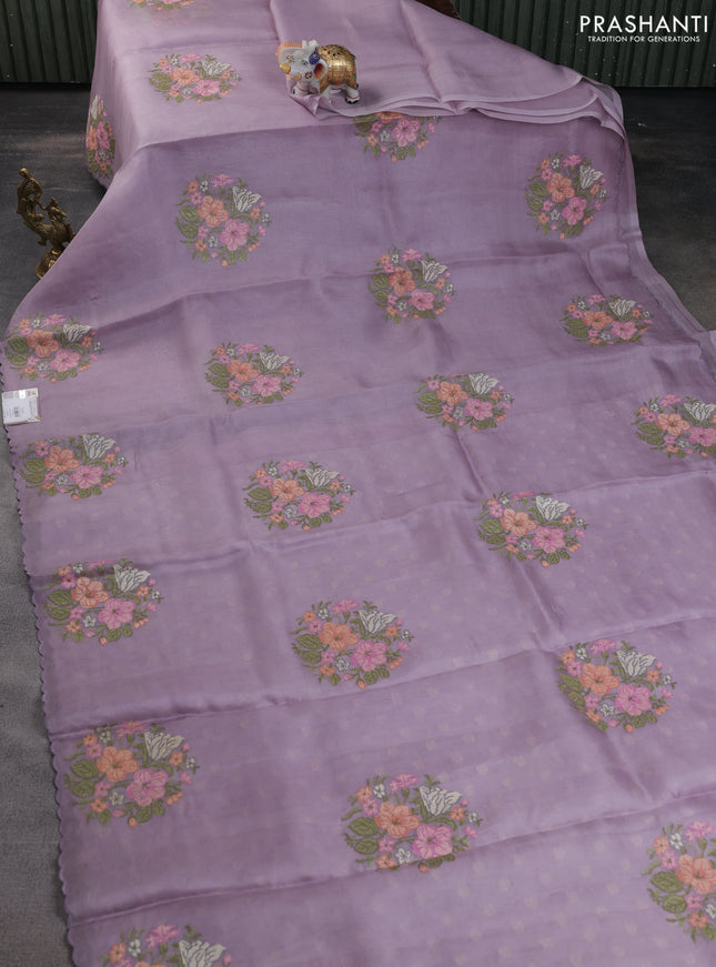 Pure organza silk saree lavender with floral embroidery buttas and scallop border