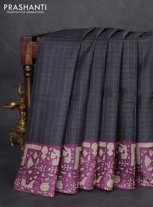 Pure tussar silk saree elephant grey and purple with allover zari checked pattern and printed border