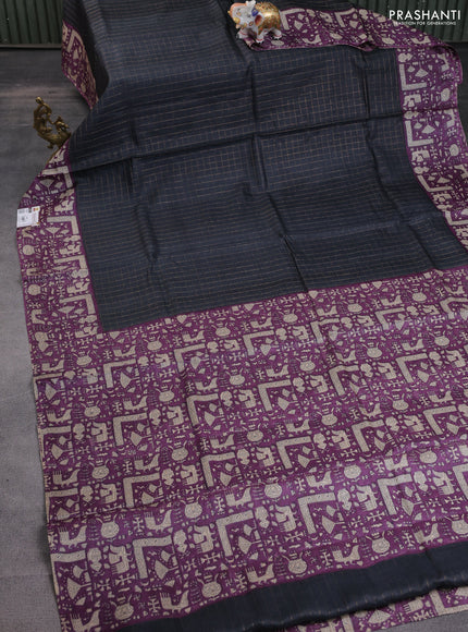 Pure tussar silk saree elephant grey and purple with allover zari checked pattern and printed border