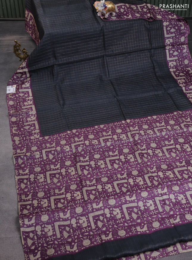 Pure tussar silk saree elephant grey and purple with allover zari checked pattern and printed border