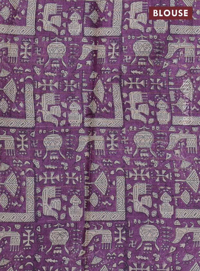 Pure tussar silk saree elephant grey and purple with allover zari checked pattern and printed border