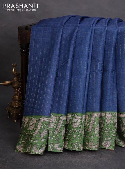 Pure tussar silk saree blue and light green with allover zari checked pattern and printed border