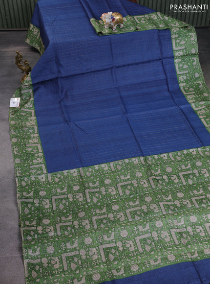 Pure tussar silk saree blue and light green with allover zari checked pattern and printed border