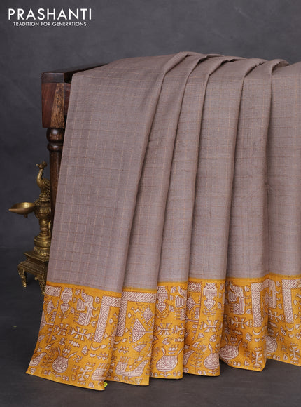Pure tussar silk saree grey and mustard yellow with allover zari checked pattern and printed border