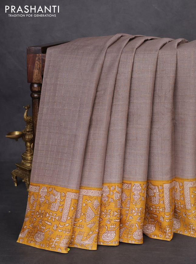 Pure tussar silk saree grey and mustard yellow with allover zari checked pattern and printed border