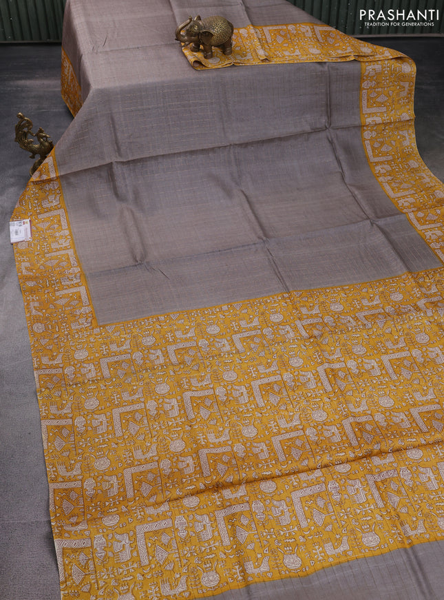 Pure tussar silk saree grey and mustard yellow with allover zari checked pattern and printed border