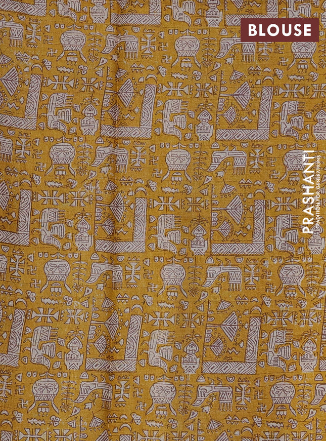 Pure tussar silk saree grey and mustard yellow with allover zari checked pattern and printed border