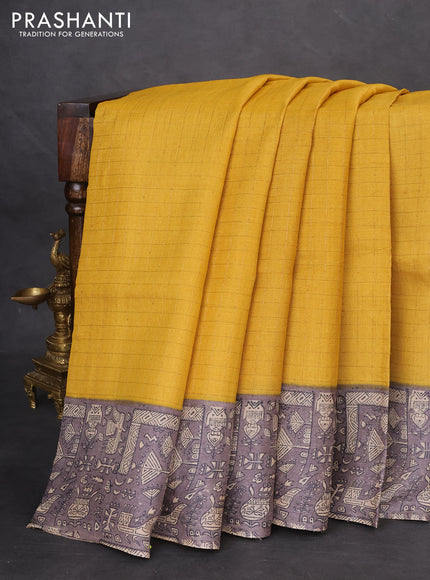 Pure tussar silk saree yellow and grey with allover zari checked pattern and printed border