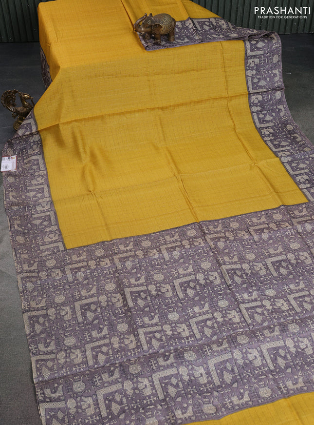 Pure tussar silk saree yellow and grey with allover zari checked pattern and printed border