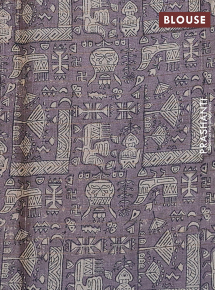 Pure tussar silk saree yellow and grey with allover zari checked pattern and printed border