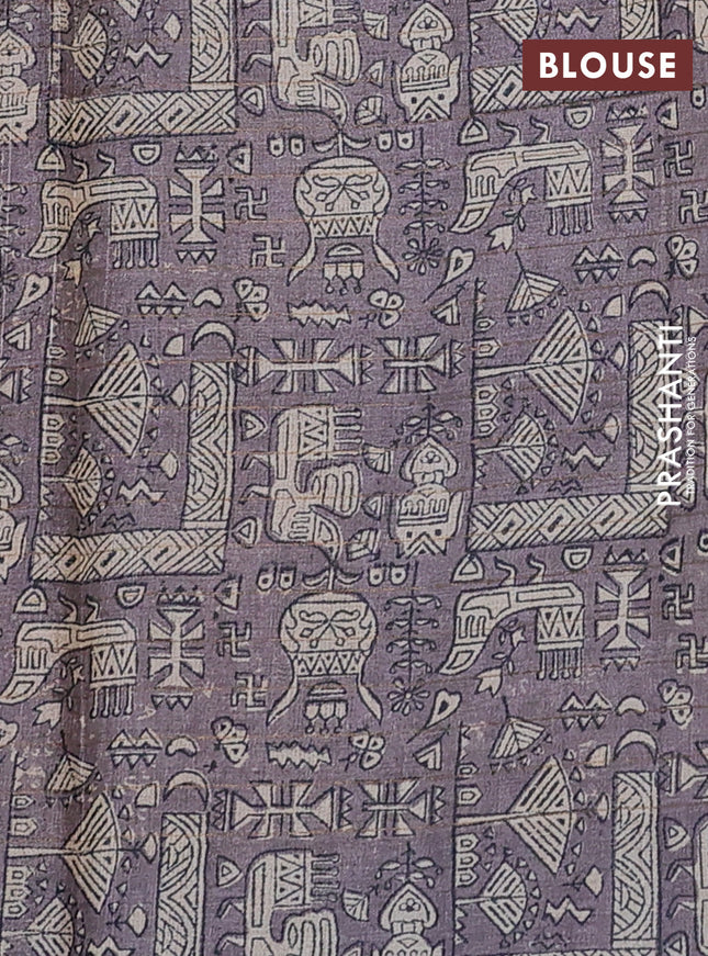 Pure tussar silk saree yellow and grey with allover zari checked pattern and printed border