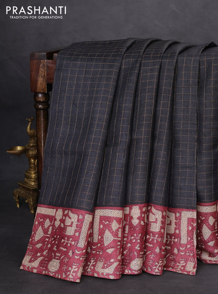 Pure tussar silk saree black and maroon with allover zari checked pattern and printed border