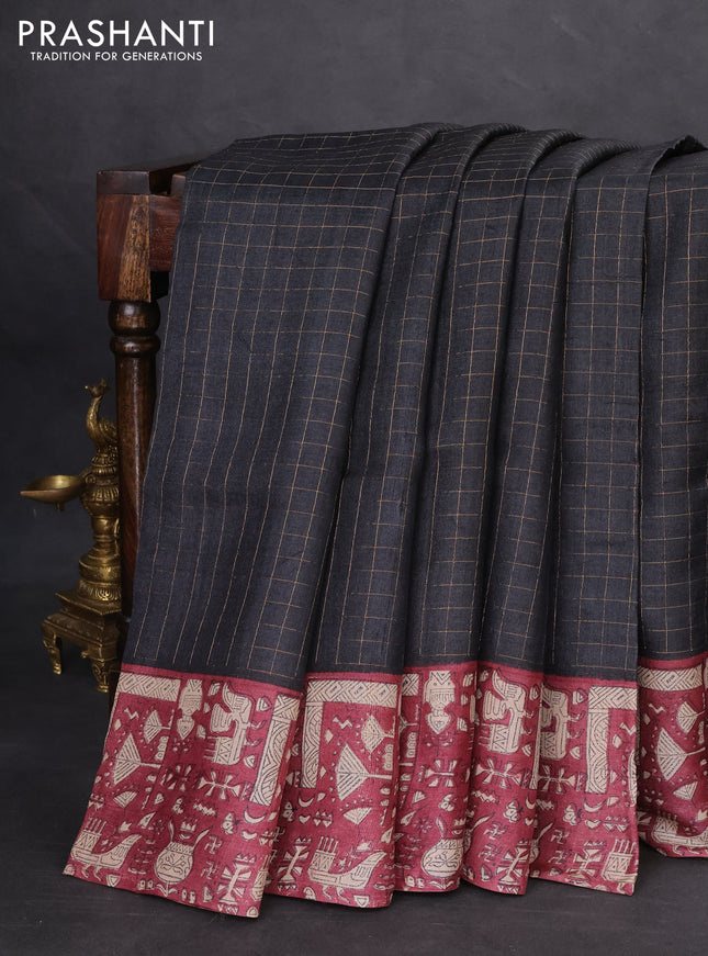 Pure tussar silk saree black and maroon with allover zari checked pattern and printed border
