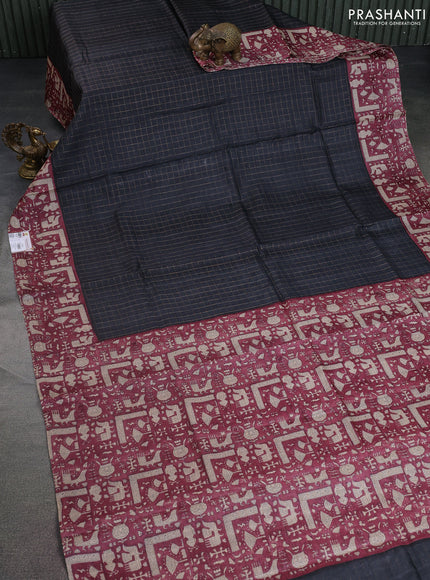 Pure tussar silk saree black and maroon with allover zari checked pattern and printed border