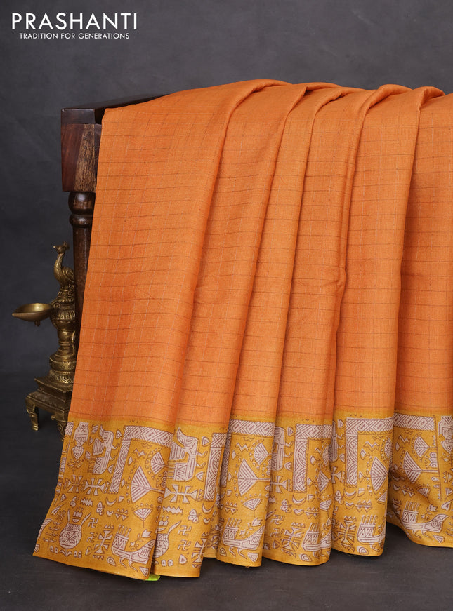 Pure tussar silk saree pale orange and mustard yellow with allover zari checked pattern and printed border