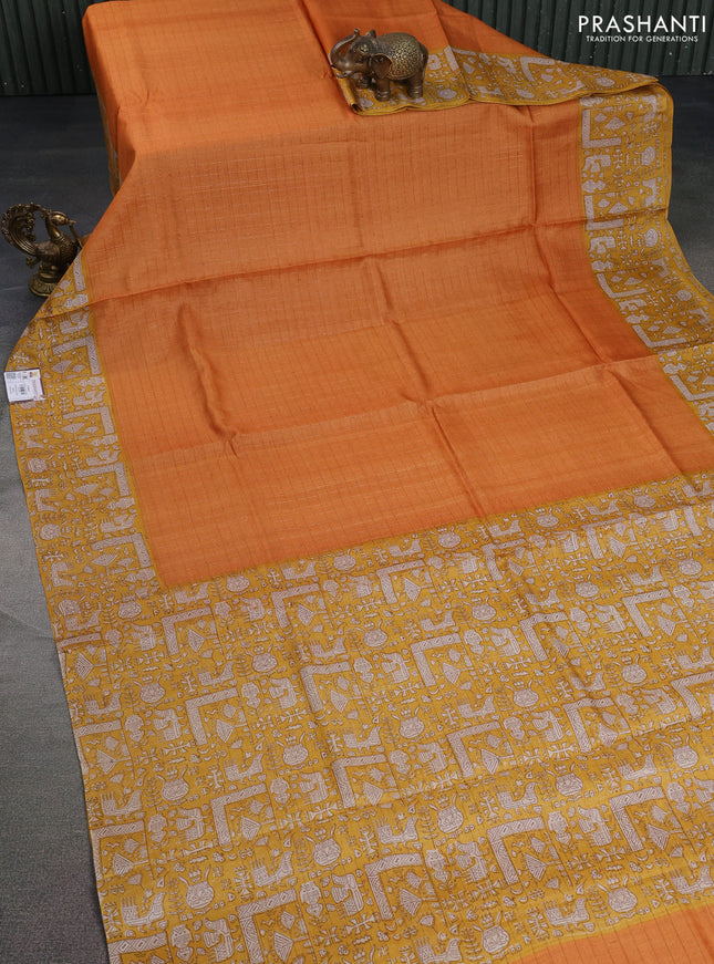Pure tussar silk saree pale orange and mustard yellow with allover zari checked pattern and printed border