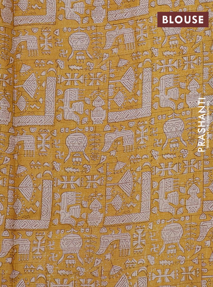 Pure tussar silk saree pale orange and mustard yellow with allover zari checked pattern and printed border