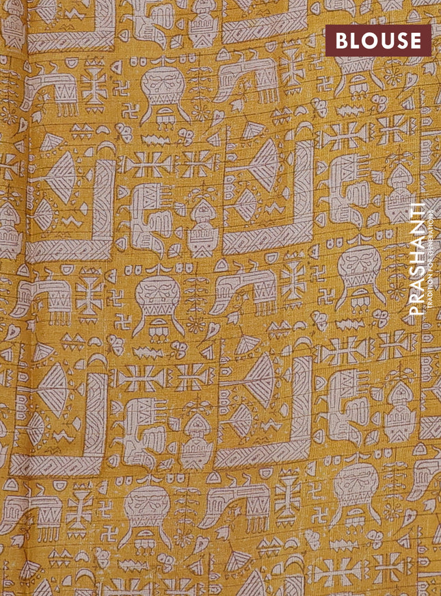 Pure tussar silk saree pale orange and mustard yellow with allover zari checked pattern and printed border