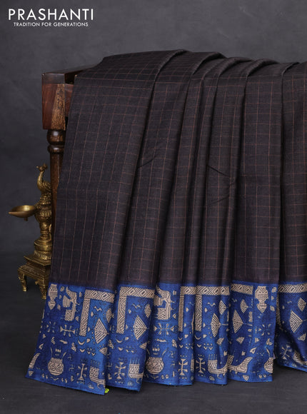 Pure tussar silk saree coffee brown and blue with allover zari checked pattern and printed border