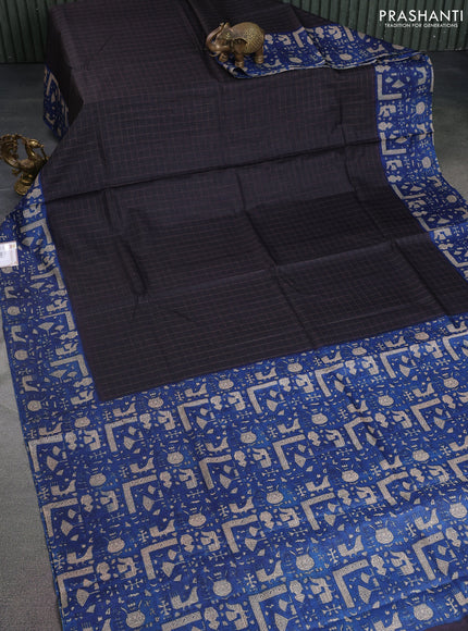 Pure tussar silk saree coffee brown and blue with allover zari checked pattern and printed border