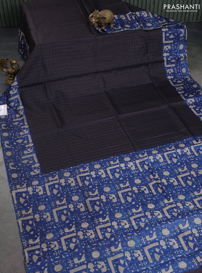 Pure tussar silk saree coffee brown and blue with allover zari checked pattern and printed border