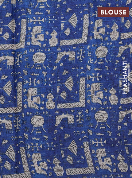 Pure tussar silk saree coffee brown and blue with allover zari checked pattern and printed border
