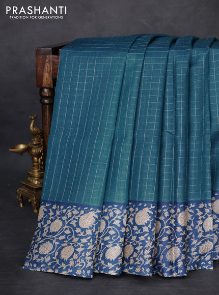 Pure tussar silk saree peacock blue and blue with allover zari checked pattern and kalamkari printed border