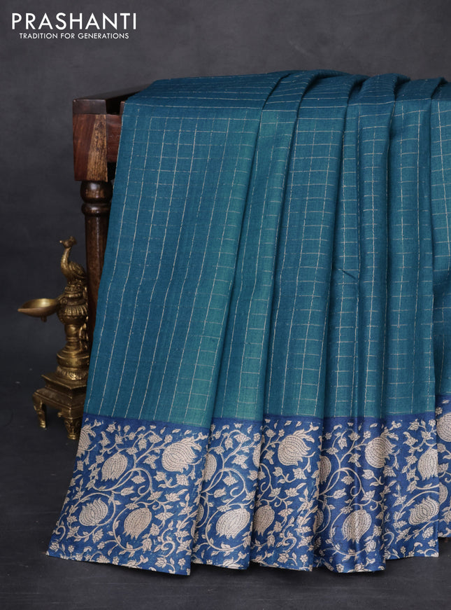 Pure tussar silk saree peacock blue and blue with allover zari checked pattern and kalamkari printed border